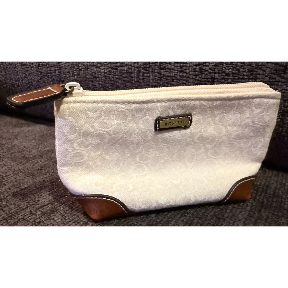 Rosetti Small Makeup Organizer Bag Ivory Dark Brown Vinyl Trim
